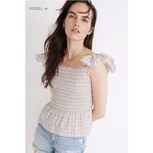 Midwell Seersucker Lucie Smocked Peplum Top in Rainbow Plaid